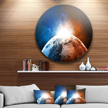 Planet with Sunrise in Space - Landscape Circle Metal Wall Decor